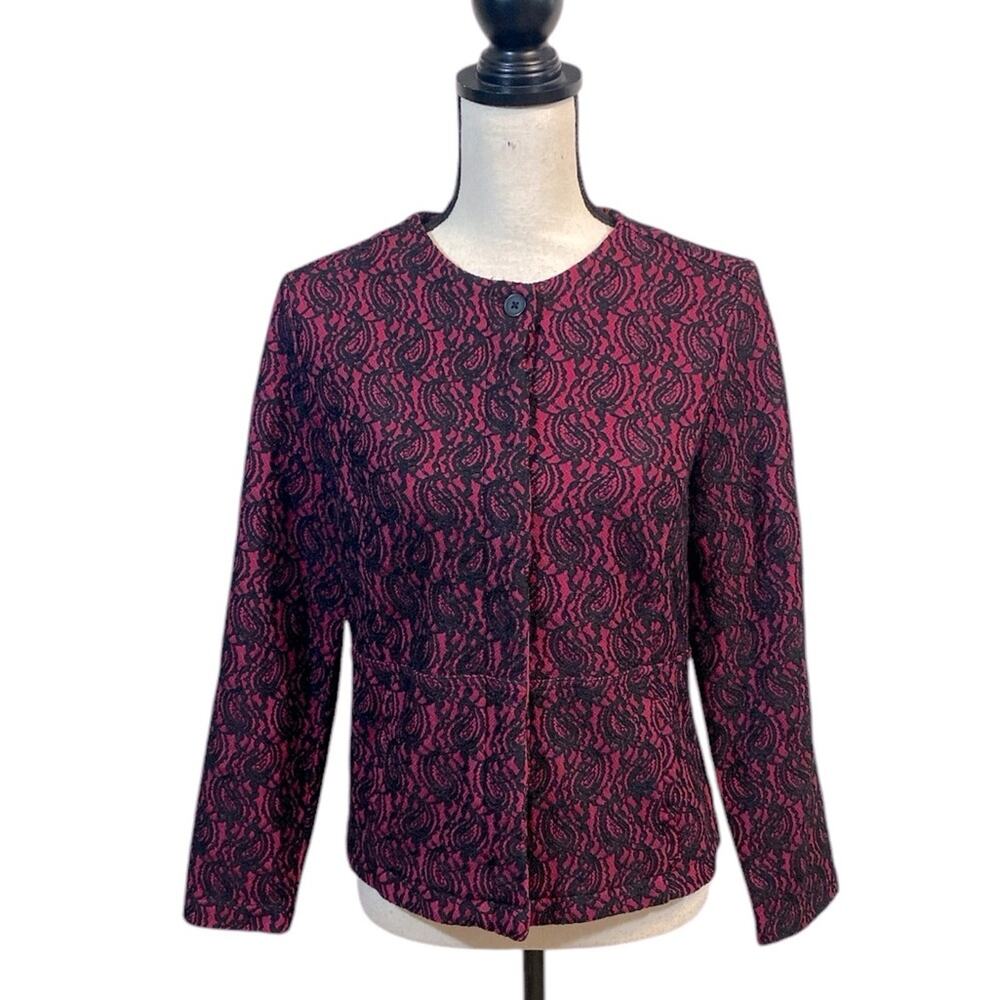 IsaacMizrahiLive! Pink Ponte Knit Black Lace Stretch Jacket Small